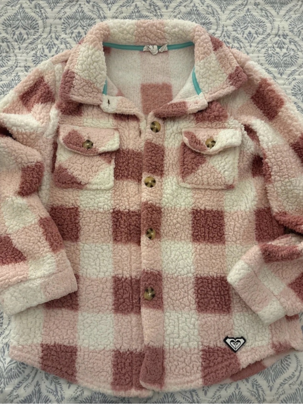Roxy Girls' Pink & White Check Sherpa Shacket